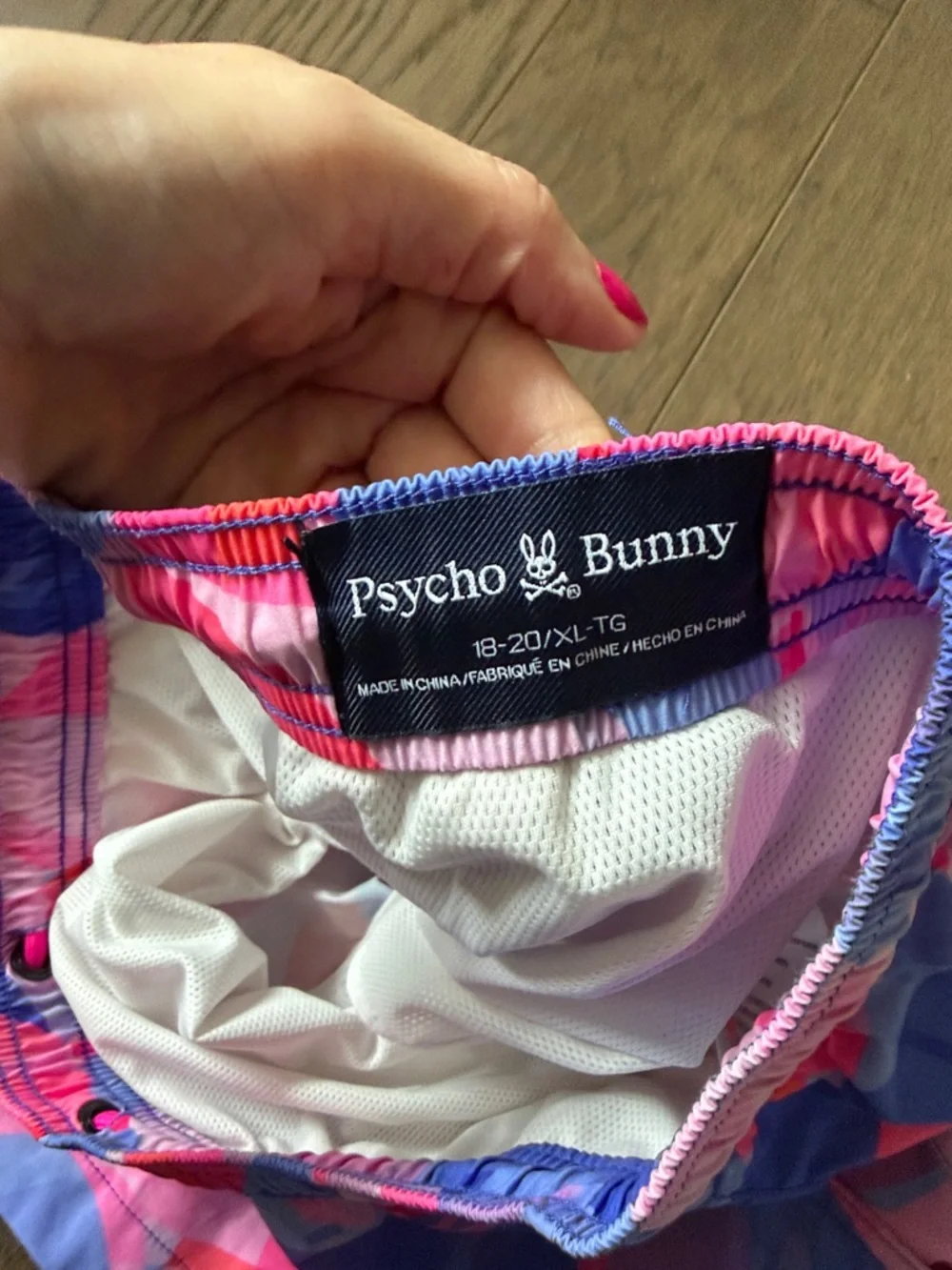 Psycho Bunny Pink and Blue Abstract Swim Trunks